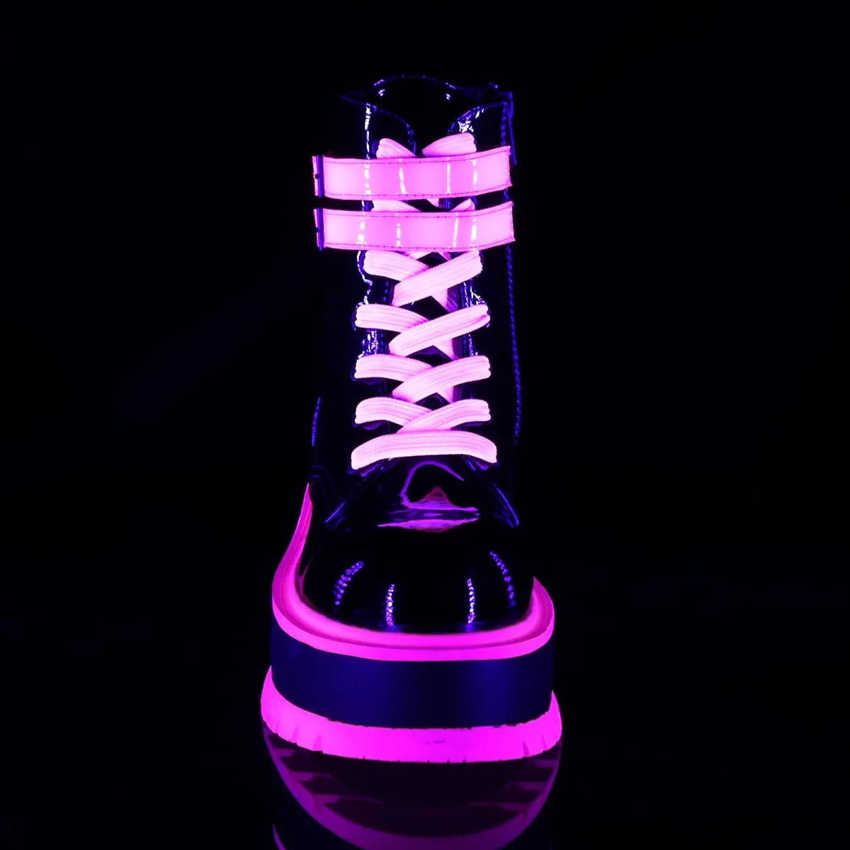 Demonia SLACKER-52 | Black & Shiny Pink UV Patent Leather Boots