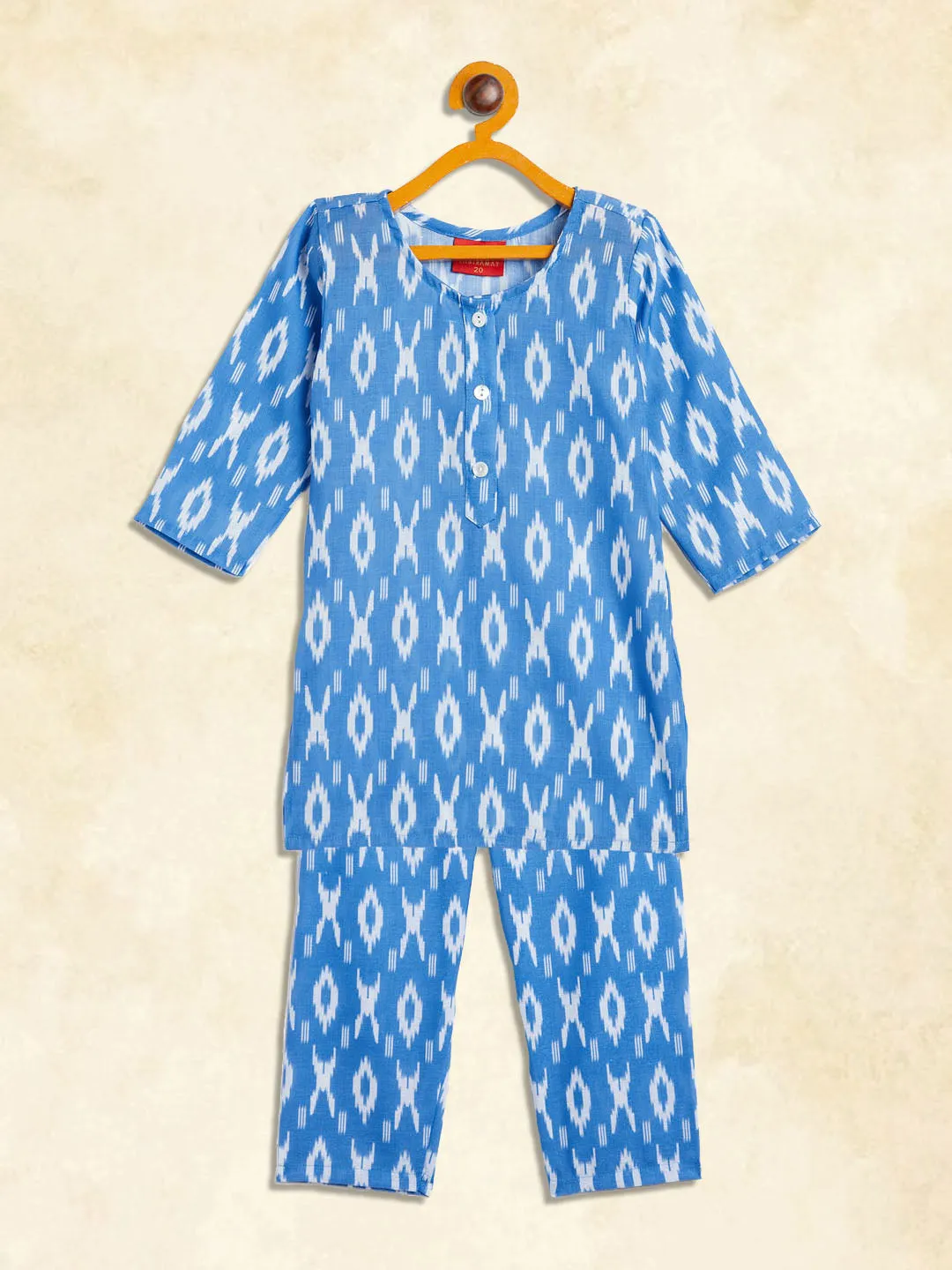 Jashvi SISHU Girls' Aqua Blue Ikkat Print Kurta Pant set