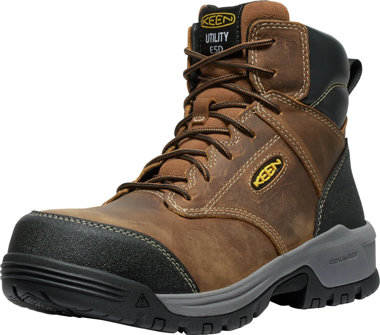 Keen Utility Mens Evanston 6in ESD CT Bison/Black Leather Work Boots