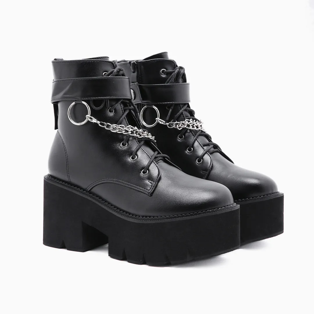 Punk Chain-Link Strap Lace Up Chunky Heel Platform Boots - Black